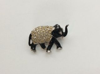 Vintage Hattie Carnegie Little Elephant Brooch Black Enamel Clear Rhinestones