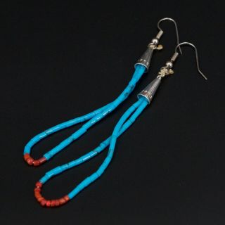 Vtg Sterling Silver - Navajo Turquoise Coral Bead Dangle Earrings - 3.  5g