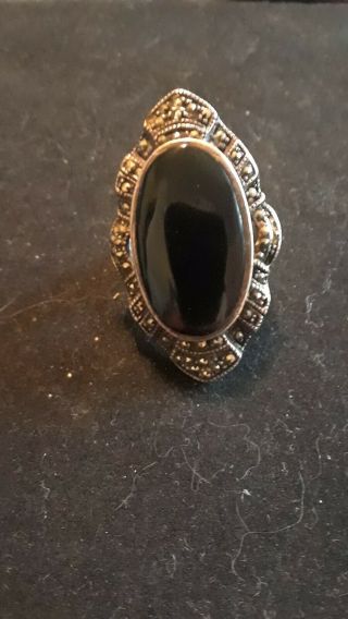 Ring Vintage Sterling Silver,  Marcasite And Onyx,  Size 6