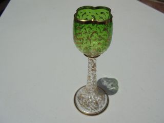 Vintage Moser Art Glass Green Clear Cordial Goblet W Raised Gold 5 5/8 "