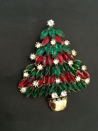 Signed Weiss 2.  75” Vintage Rhinestone Christmas Tree - Green& Redwith White -