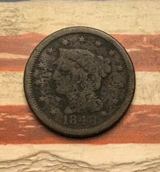 1848 1c Braided Hair Large Cent Vintage Us Copper Coin Fh12
