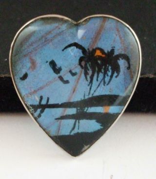 Pretty Vintage Sterling Silver Butterfly Wing Heart Pin Brooch W/tropical Scene