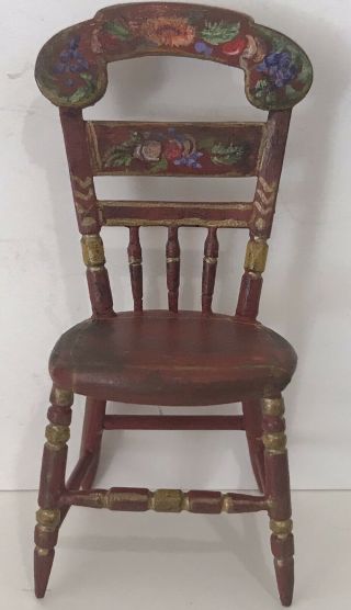 Vintage Dollhouse Miniature Handmade Side Chair Dark Red Stencil Style 14