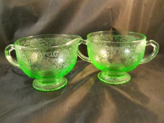 Vintage Vaseline Glass Creamer & Sugar Bowl - Hazel Atlas Old Florentine 1 1932 - 35