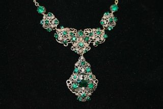 Vintage Sterling Silver Emerald Rhinestone Necklace : Victorian Lavalier