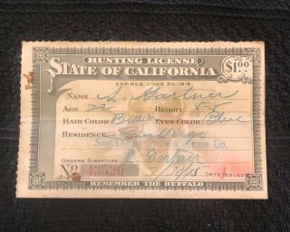 Vintage 1915 - 1916 California Hunting License