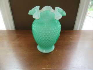 Vintage Fenton Hobnail White Cased Green 6 " Thin Ruffled Vase
