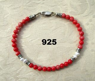 Estate Vintage Signed 925 Sterling Silver Bracelet With Coral And Pearls