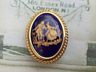 Old Vintage Jewellery French Limoges Fragonard Courting Couple Brooch Blue Gold