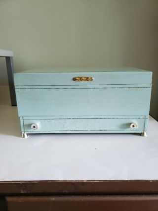 Vintage Faux Leather Jewelry Box With 2 Levels Drawer Light Blue Mirror No Lock