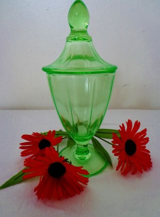 Vintage Green Uranium Vaseline Glass Ribbed Pedestal Apothocary Jar With Lid