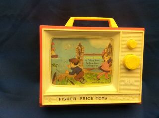 Fisher Price Two Tune Giant Screen Music Box Tv 114 1966 Wooden Base Vintage