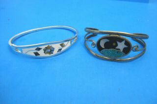 Two Handmade Alpaca Silver Gemstone Inlaid Bracelets - - Vintage - - Mexico