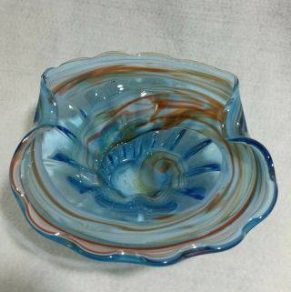 Vintage Murano Italian Blown Art Glass Bowl - Blue & Orange White Swirl Venetian