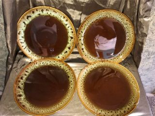 4 Vintage Pottery Brown Drip Glaze 11 " Dinner Plates Stoneware Farmhouse Kitchen