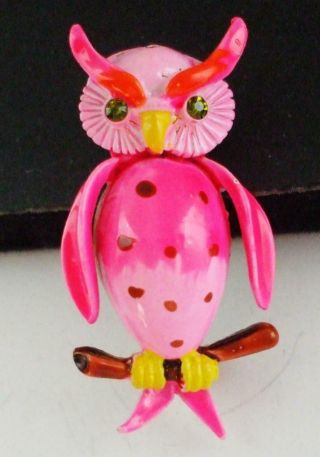 Sweet Vintage Hot Pink & Yellow Enamel Owl Bird Pin Brooch W/green Stone Eyes