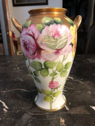 Vintage Noritake Double Gold Handle Hand Painted Roses Vase Art Nouveau 8 Inch