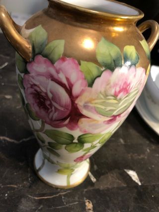Vintage Noritake Double Gold Handle Hand Painted Roses Vase Art Nouveau 8 Inch 2