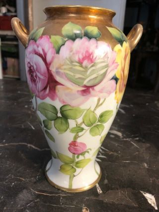 Vintage Noritake Double Gold Handle Hand Painted Roses Vase Art Nouveau 8 Inch 3