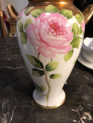 Vintage Noritake Double Gold Handle Hand Painted Roses Vase Art Nouveau 8 Inch 4