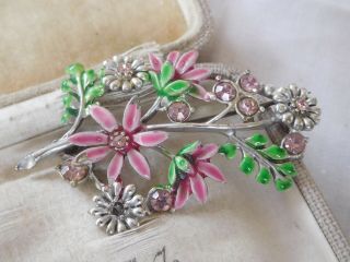 Colourful Vintage 1950s Pink Green Enamel Flower Brooch With Lilac Crystals