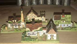 4 Vintage Wooden N Scale Hand Painted Country Cottages Lithograph 2 " Tall.  404