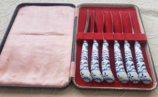 Vintage Prill Sheffield England Porcelain Handled Knives Set Of 6 With Case