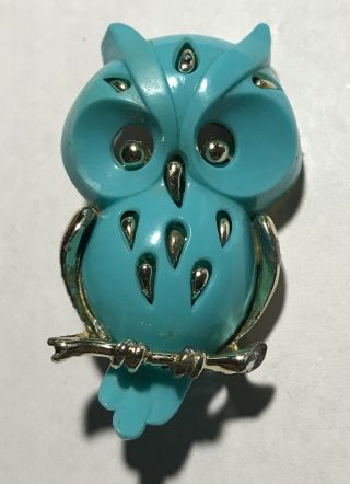 Vintage Blue Lucite & Silver Tone Owl Brooch