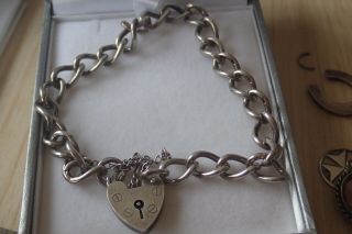 Vintage Sterling Silver Charm Curb Bracelet With Heart Padlock