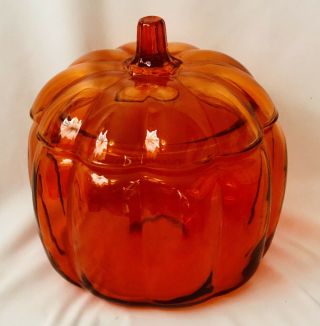 Vintage Halloween Fall Anchor Hocking Glass Pumpkin Orange Candy/cookie Jar