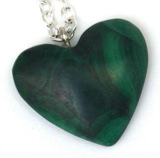Vintage Malachite Heart Charm Necklace Pendant Carved Stone Silver Tone Chain