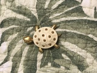 Vintage Brooch Pin Crown Trifari Turtle White Enamel W Gold Beads