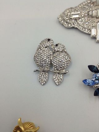 7 Vintage Brooches Owl Love Birds Flowers,  Silver Diamanté Pearl etc 2