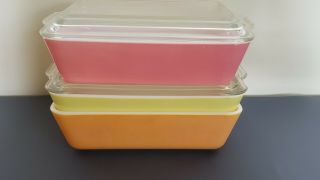 3 Vintage Pyrex Refrigerator Dishes 503 & 2 Lids Pink,  Orange,  Yellow