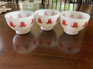 Vintage Set Of 3 Fire King Ovenware Cottage Cheese Sealtest Red Tulip Bowls.