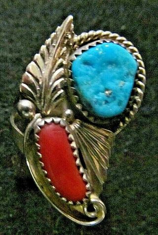 Vintage Sterling Silver,  Turquoise & Coral Hand Made Navajo Ring Unmarked