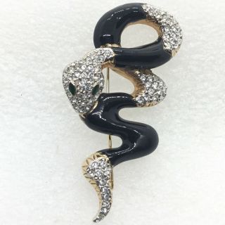 Vintage Snake Brooch Pin Clear Pave Rhinestone Black Enamel Jewelry
