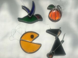 Vintage Stained Glass Suncatcher/ Set Of 4/ Pumpkin,  Bird,  Mouse,  Pac - Man