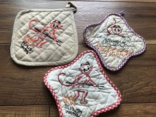 3 Vintage Handmade Embroidered Potholders 2devilish Warm And Sizzling Like Devil