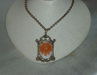 Vintage 1920 Art Deco Finely Carved Celluloid Coral Rose Brass Necklace