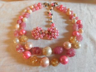 Vintage 2 Strand Beaded Bib Necklace And Cluster Earrings Set Pink Glass,  Pearls