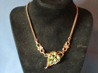 Vintage Signed Barclay Gold - Tone Metal Green Rhinestone Necklace