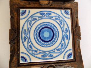 3 Vintage Mexican Trivet Ceramic Dal Tile Carved Wood Frame Pottery Mexican Blue