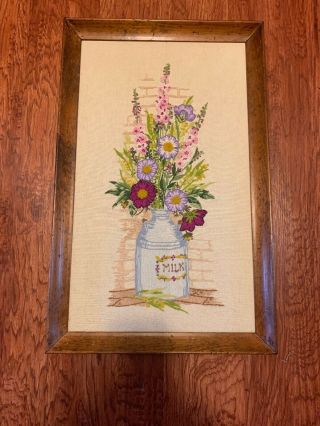 Vintage Crewel Needlework Framed Picture Floral Arrangement Framed In Wood Frame