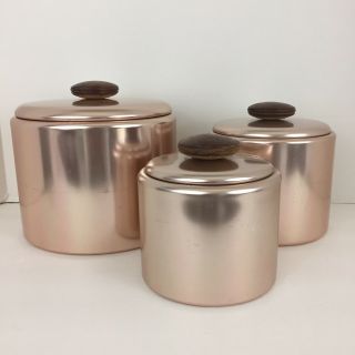 Mirro Canister Set 3 Pink Copper Tone Aluminum With Wood Knobs Vintage