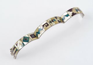 Vintage Sterling Silver 950 Bracelet With Multiple Gemstone Inlays.  Great Cond