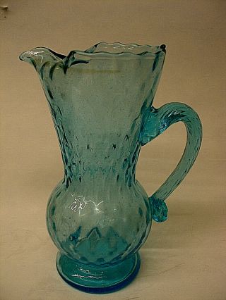 Vintage Morgantown Blown Art Glass Pitcher Aqua Blue Applied Handle Dimple