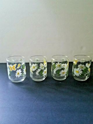 Set Of 4 Vintage Mid Century Libbey " Butterflies & Daisies " 3 " Juice Glasses