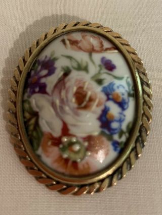 Vintage Limoges Fine Porcelain Hand Painted Brooch Florals Lovely France